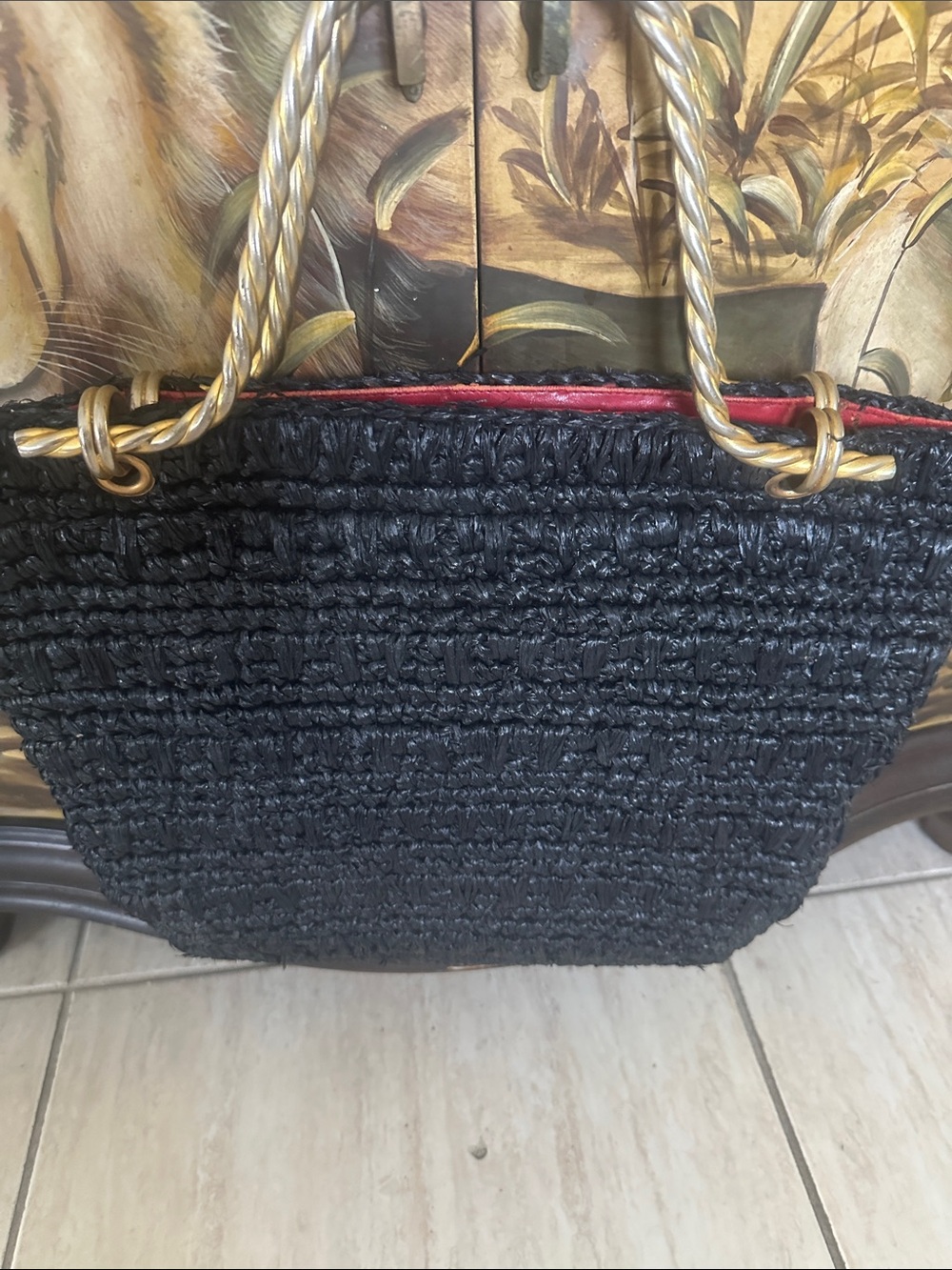 Saks Fifth Avenue Black Label Black Woven Tote with Gold Rope Handles